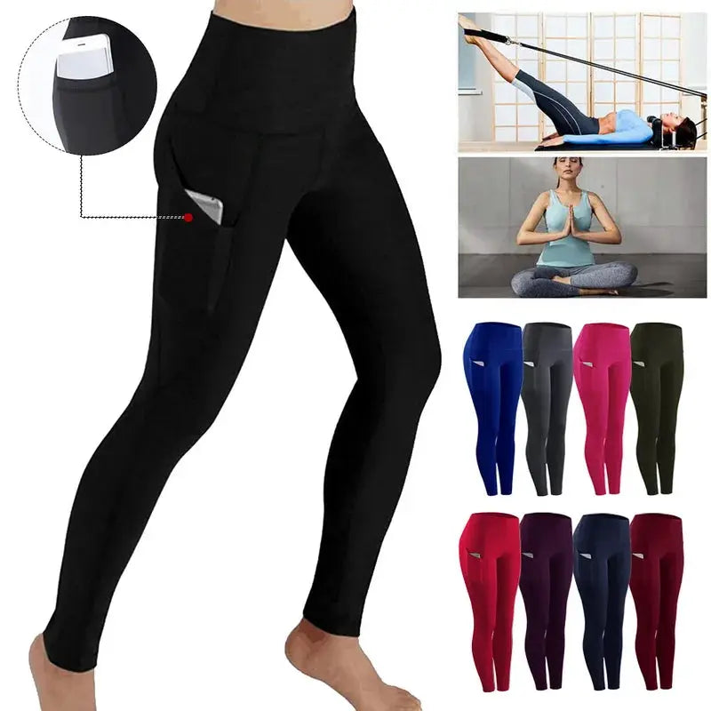Women's high-waist yoga leggings with pocket; black pair shown, available in 8 color options.