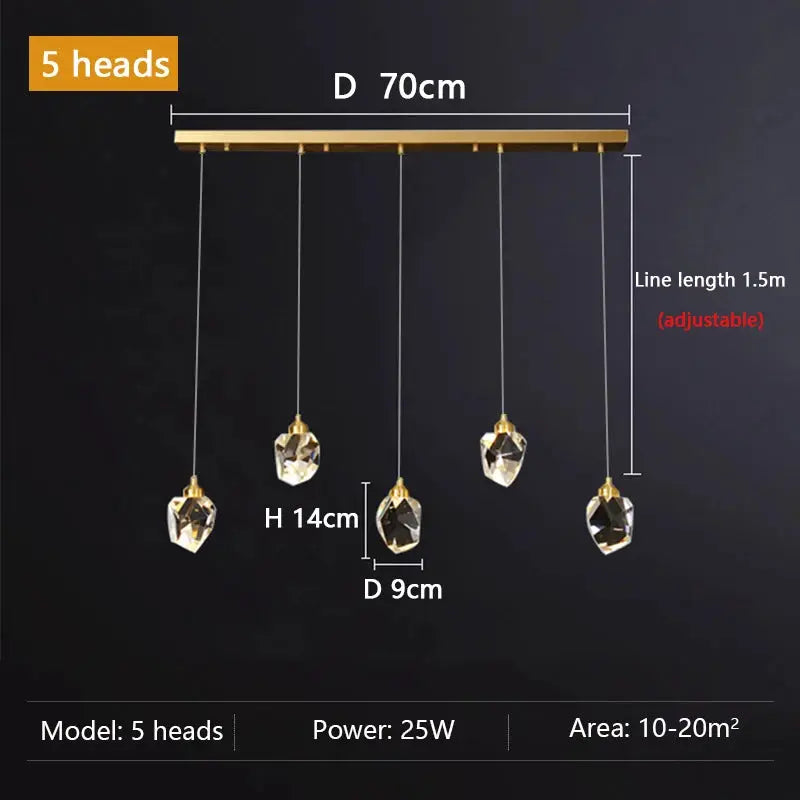 Ceiling pendant lamp by Simples Market with five gold crystal drops, 70cm diameter, adjustable 1.5m cords