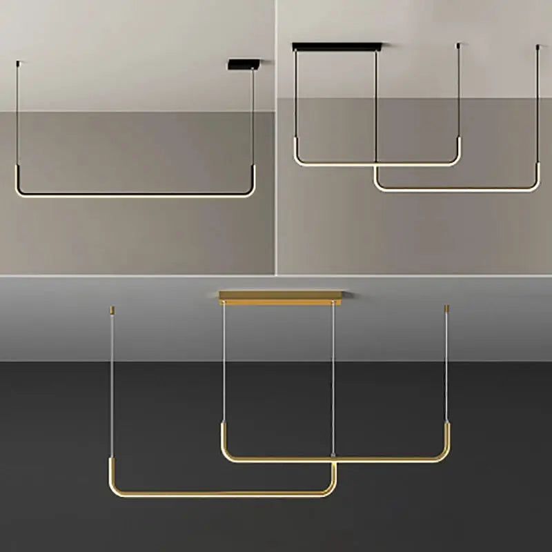 Set of three modern LED strip chandeliers, gold hanging pendant ceiling fixtures by Simples Market