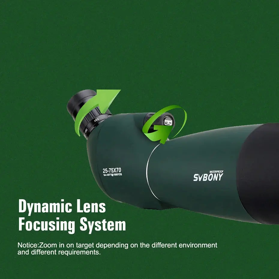 SVBONY SV28 spotting scope with powerful zoom, waterproof green body and dynamic lens focusing system.