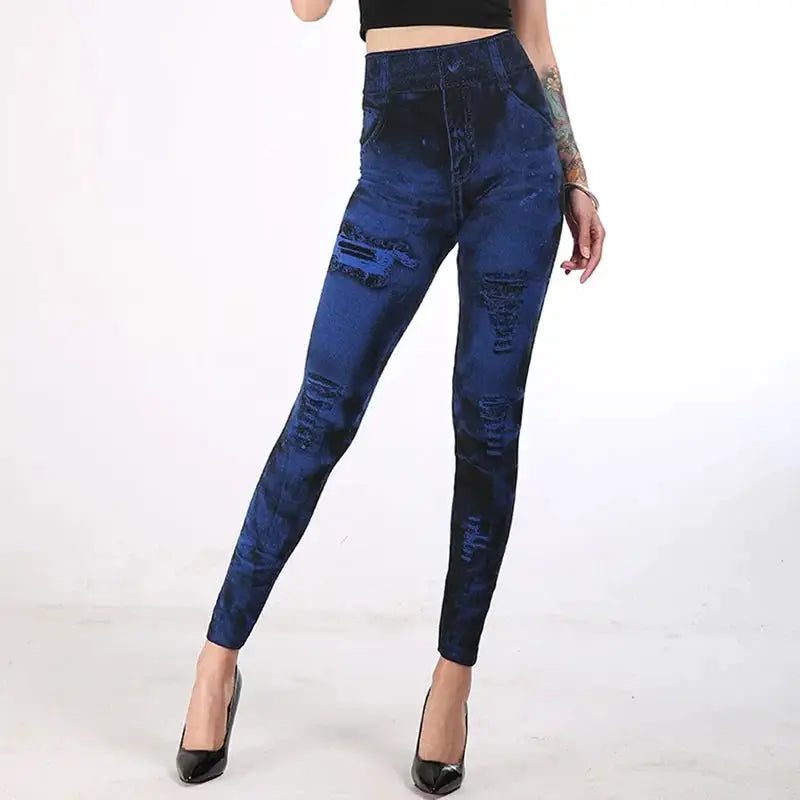 VivaFlex Women Imitation Jeans Stretch Leggings High Waist Slim Push Up Fit All Day Comfort