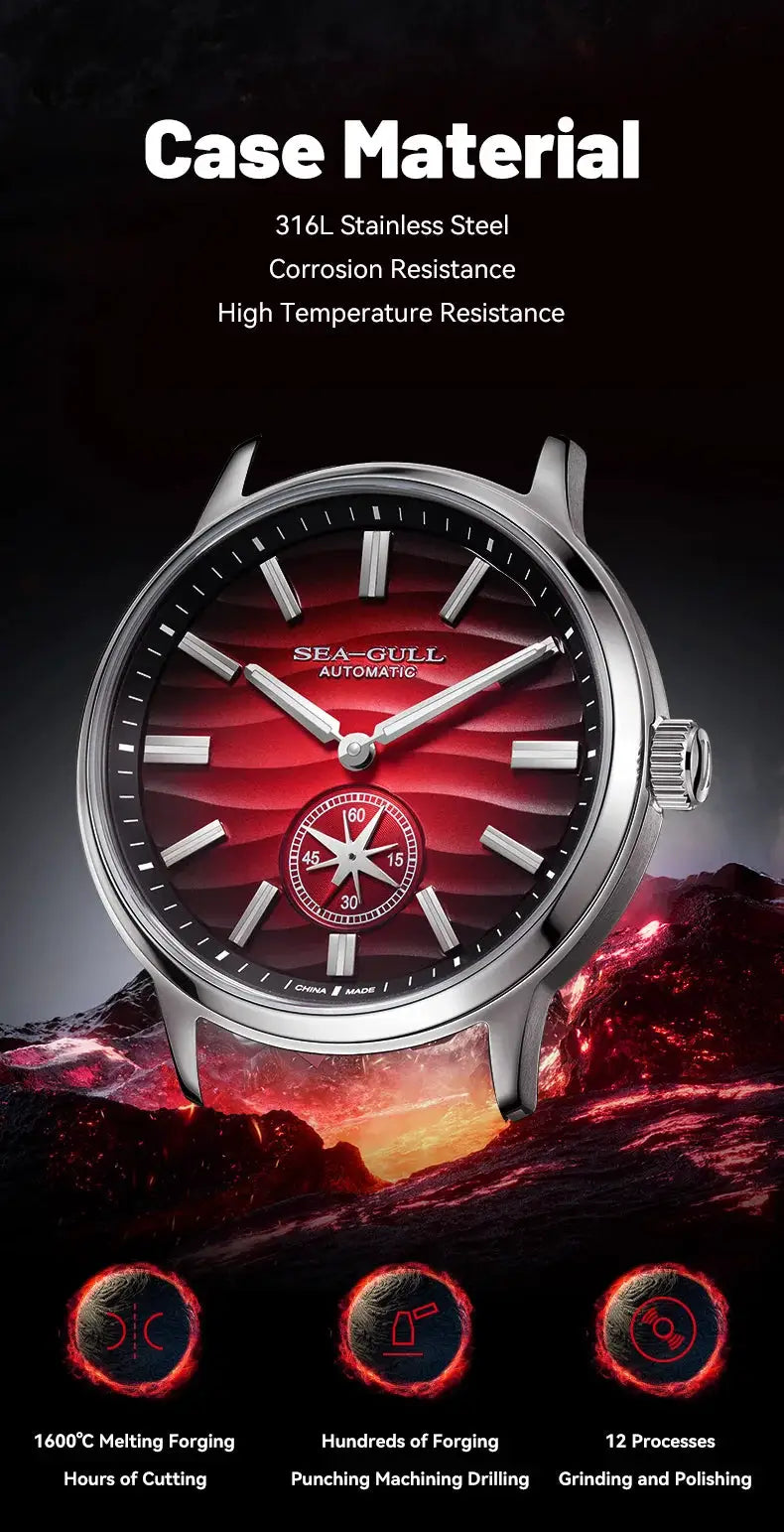 Sea-Gull Natural Series wristwatch, 39.5mm, automatic, stainless steel case, red dial, sapphire crystal