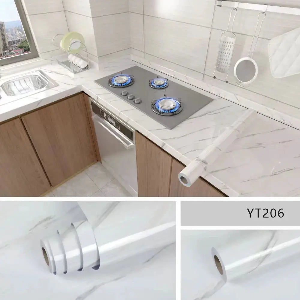 40cm kitchen self-adhesive wallpaper roll; white marble pattern, PVC waterproof and oil-proof.
