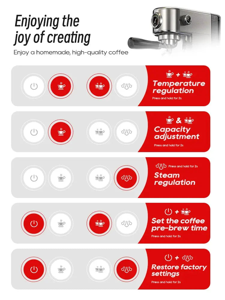 HiBREW 20Bar semi-automatic espresso machine by Simples Market; slim stainless unit with red control-panel icons