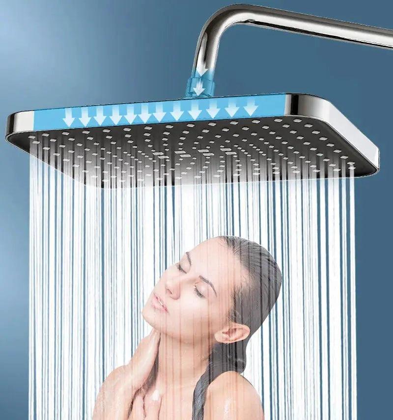 Simples Market large overhead rain shower head in chrome finish, high-pressure with 360° rotation.