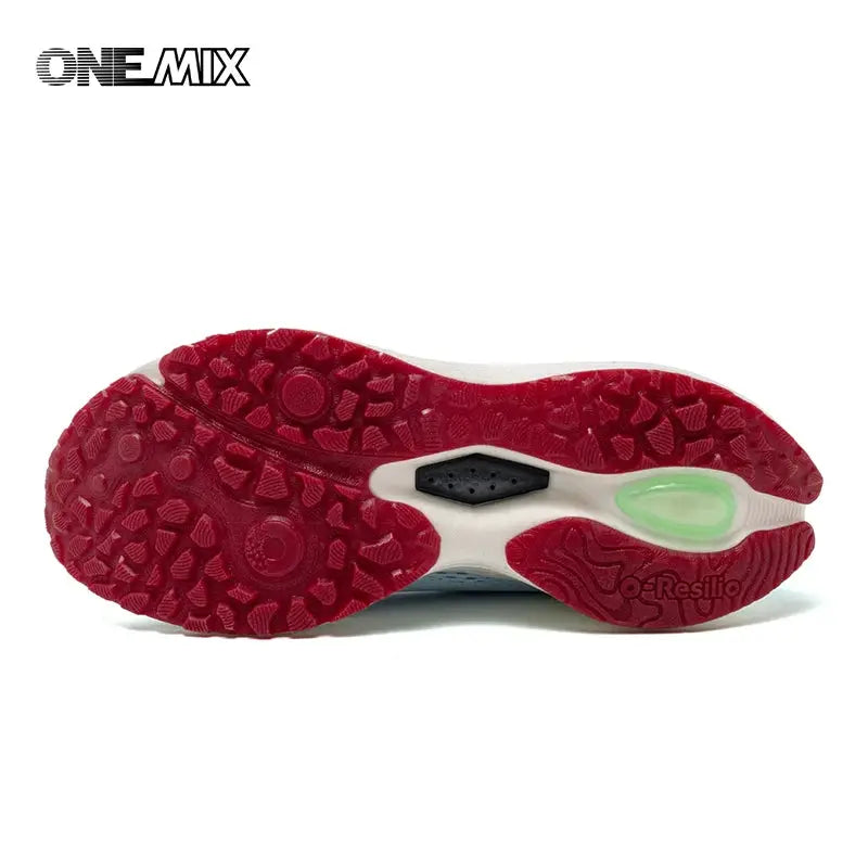 O-Resilio men's running shoes outsole in red with textured traction, white midsole and neon green air unit