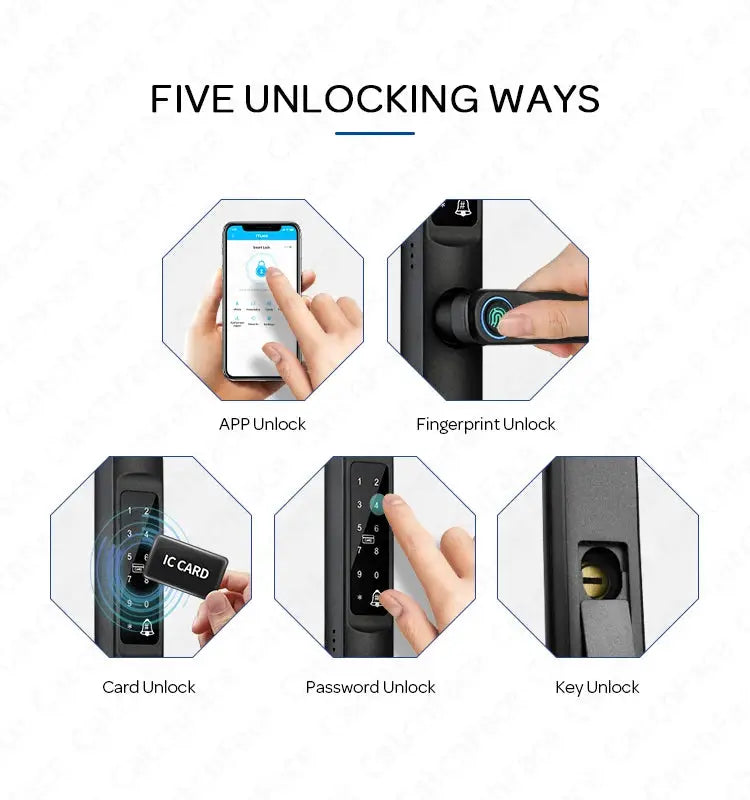 Smart door lock by Simples Market; 92/85mm TTLock, fingerprint, RFID card, keypad, key unlock, aluminum/glass
