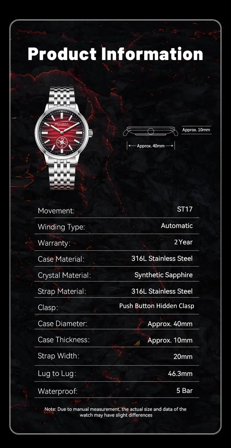 Seagull Natural Series men's automatic watch with red dial and stainless steel bracelet
