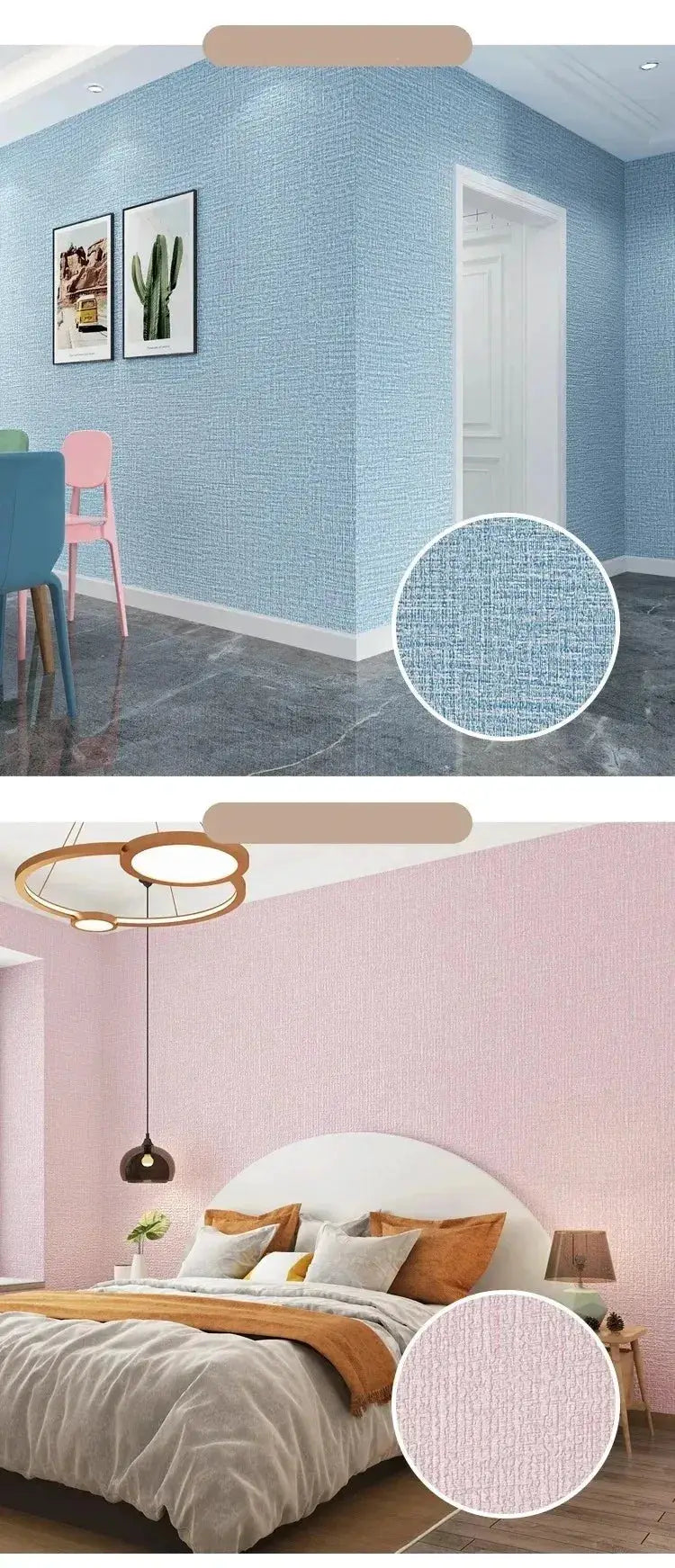 Self-adhesive foam wall panel, 50cm wide, 3D linen texture in blue and pink, waterproof and removable for living room decor