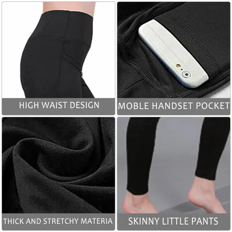 Simples Market black high-waist workout leggings with phone pocket, thick stretchy fabric, seamless gym tights