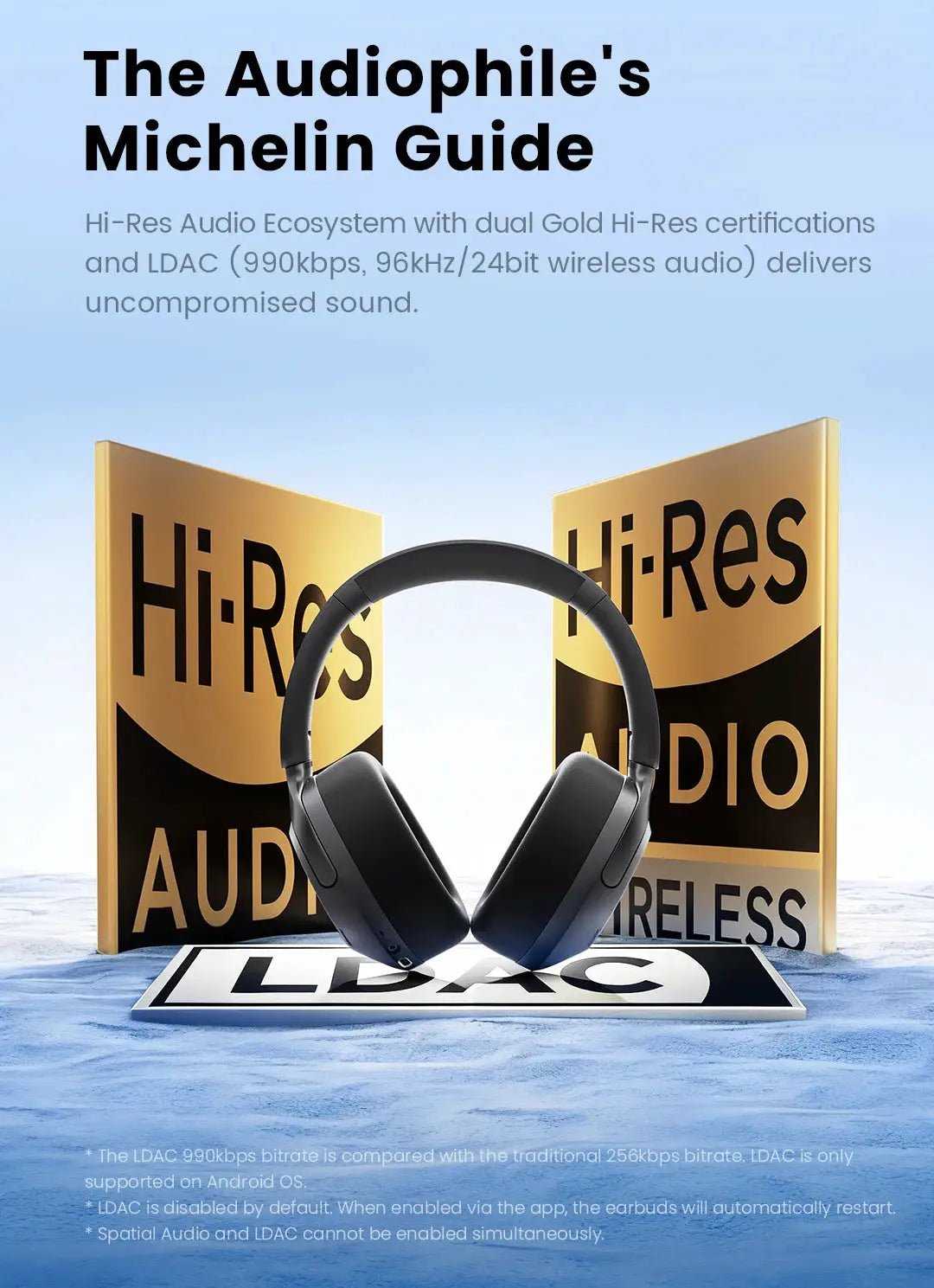 Haylou S40 ANC wireless over-ear headphones in black with Hi-Res LDAC backdrop