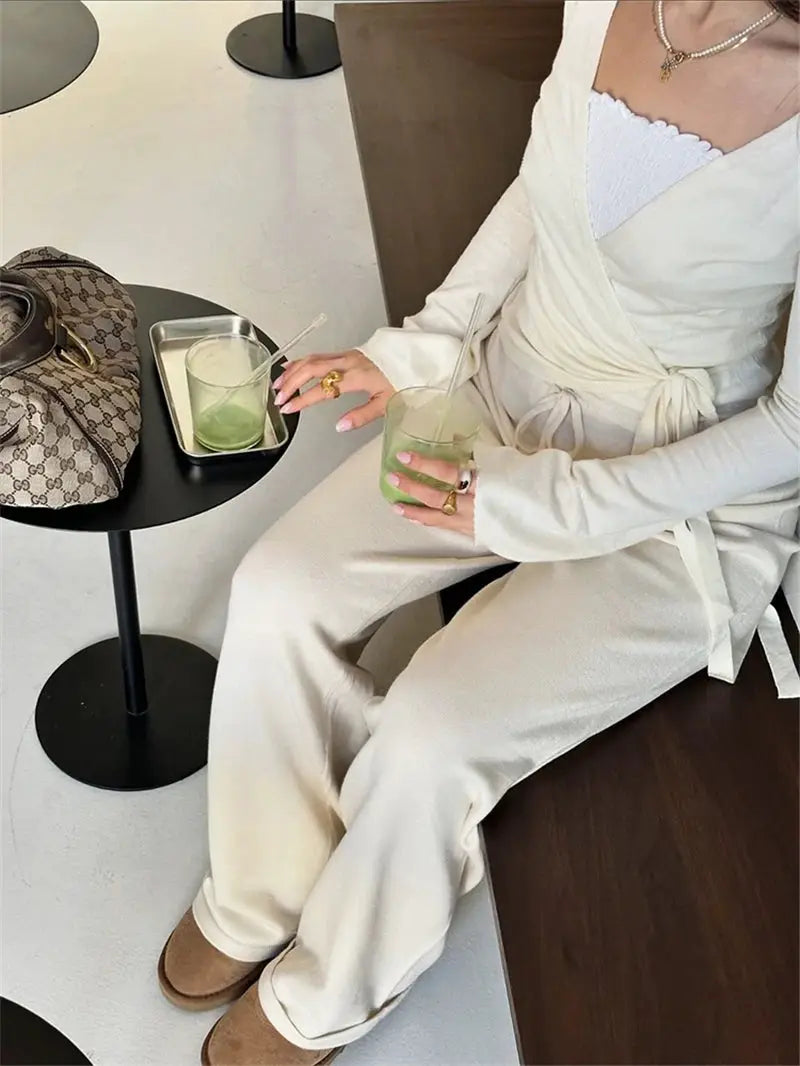 Absobe 2 Piece Leisure Suit Women Flare Sleeve Crop Cardigan Pants
