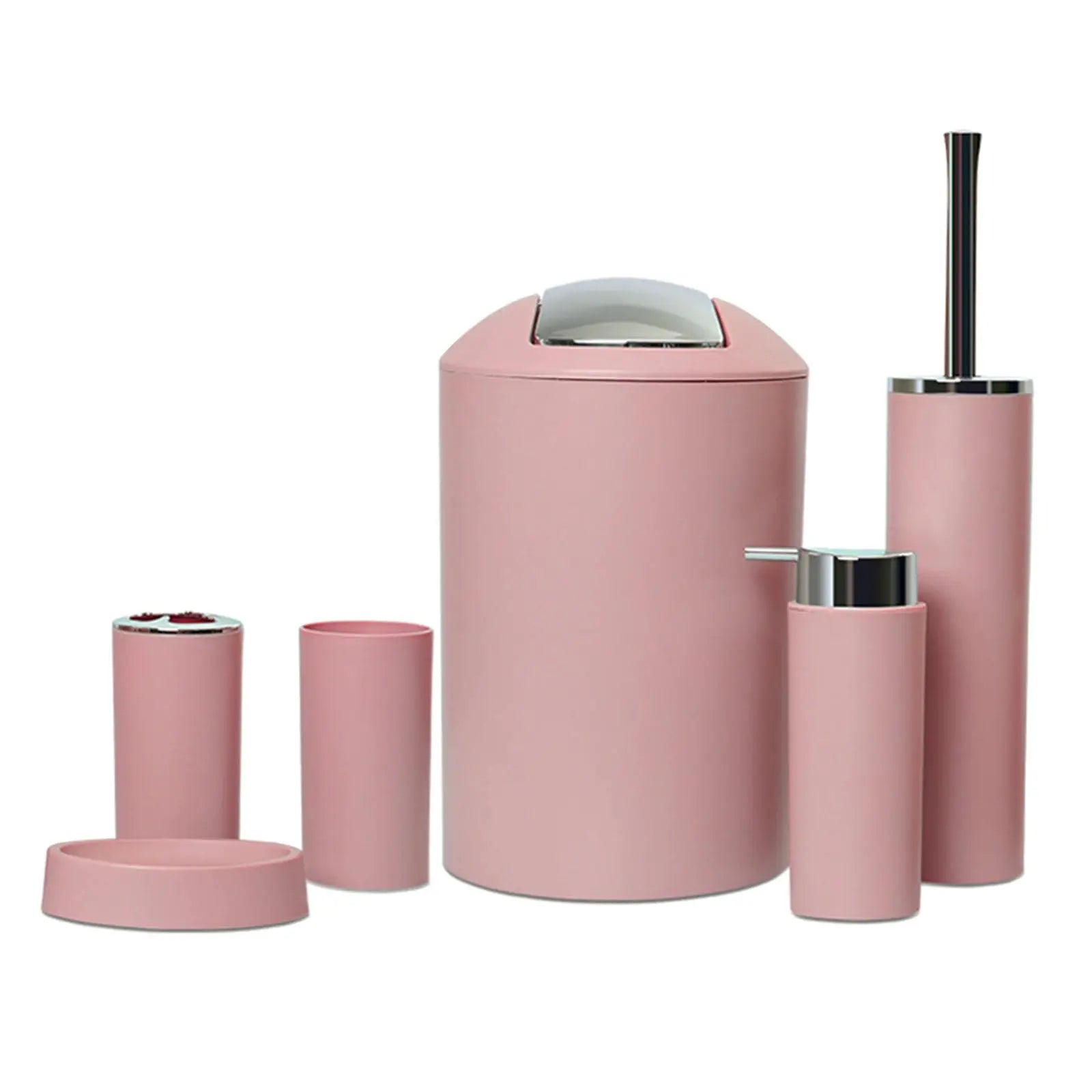Simples Market pink 6pc bathroom accessories set trash can, toothbrush holder, lotion dispenser, soap dish, toilet brush