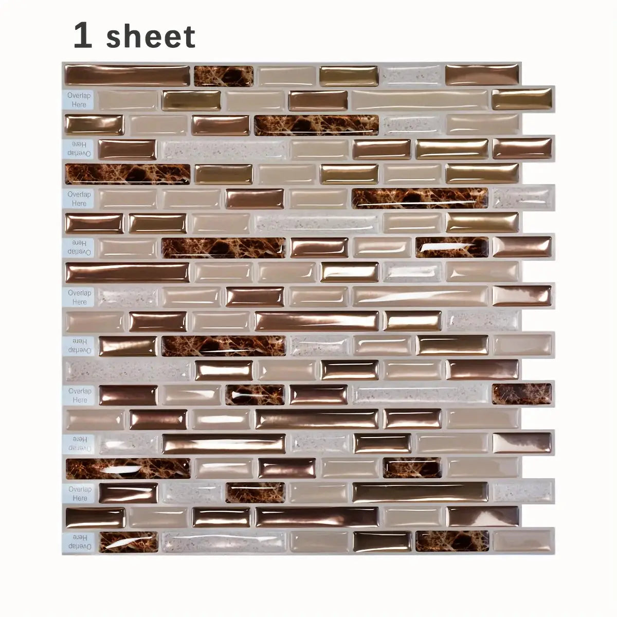 Self-adhesive mosaic tile sheet with copper, beige, and bronze glass pieces and marble accents for backsplash