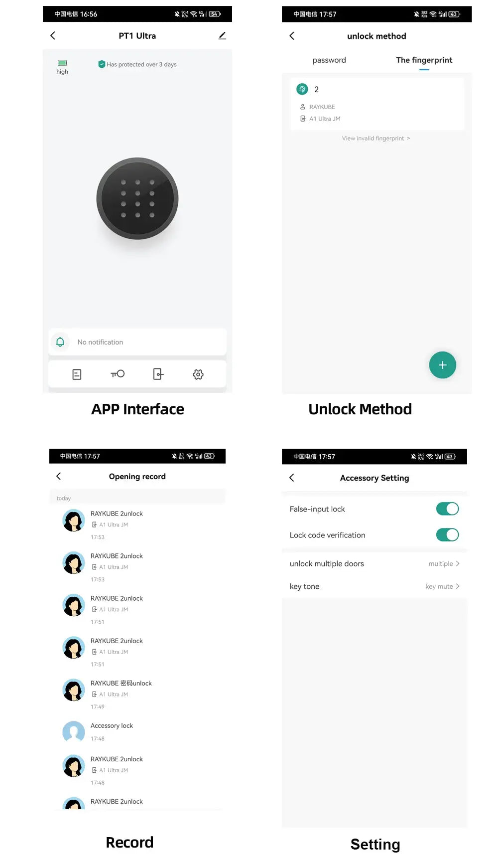 RAYKUBE A1 Ultra smart door lock with fingerprint keypad; black touchpad and app screens for unlock and settings