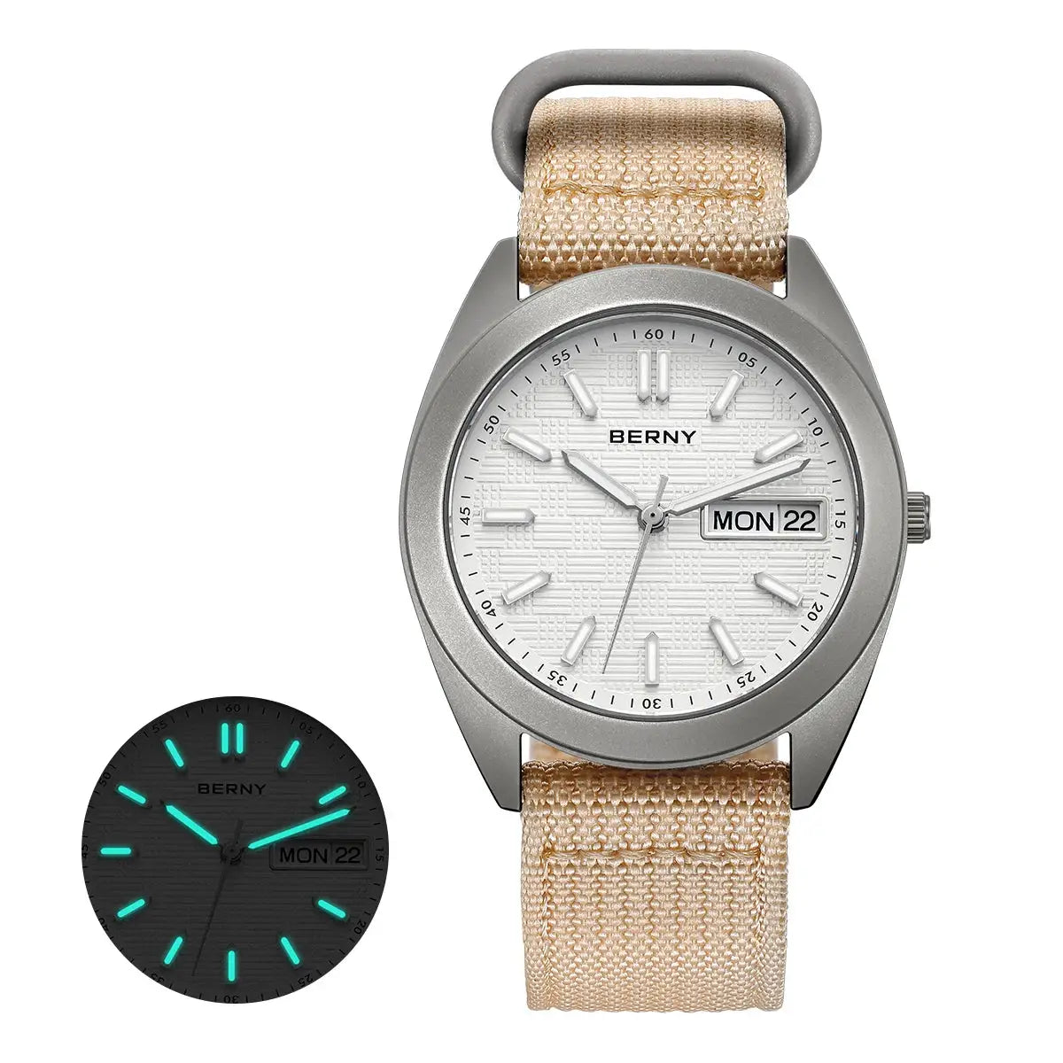 BERNY men's titanium watch with beige fabric strap, white dial, day-date window, 38mm, luminous hands