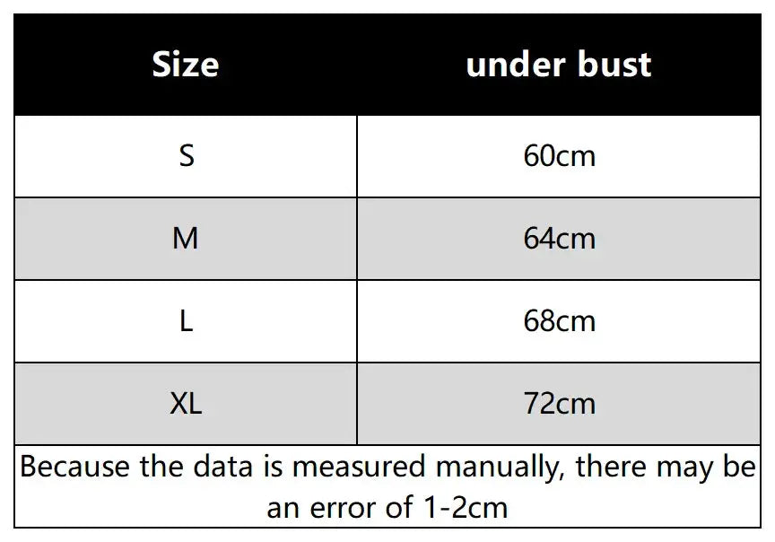 Simples Market strapless tube top bra size chart; under bust: S 60cm, M 64cm, L 68cm, XL 72cm; 1–2cm error.