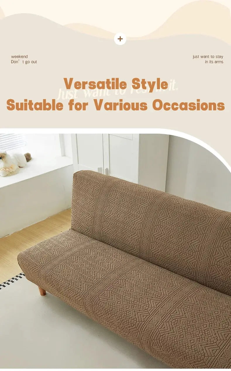 Simples Market stretch jacquard sofa bed cover in brown geometric pattern on a living room futon