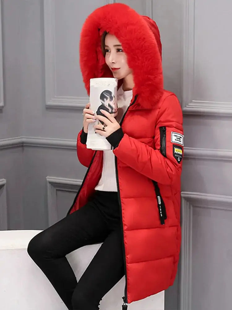 SnowMist Winter Fur Collar Hooded Parka for Women with Thick Warm Insulation and Zipper Pockets