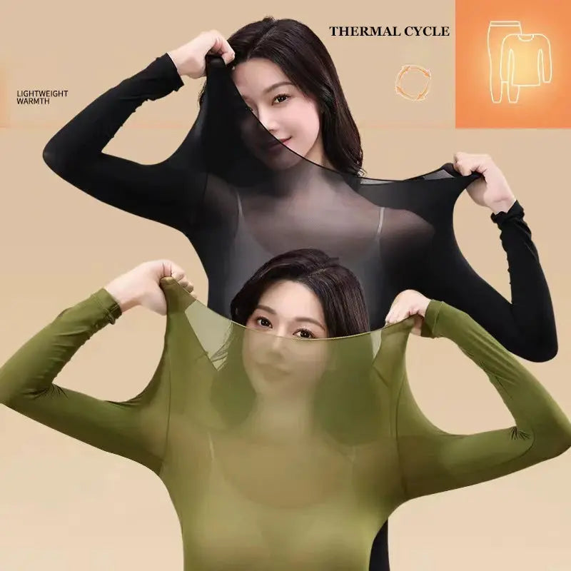 CozyWear Ultra Thin Seamless Warm Underwear Set For Women High Elasticity Slim Fit Long Sleeve Top For Sleepwear