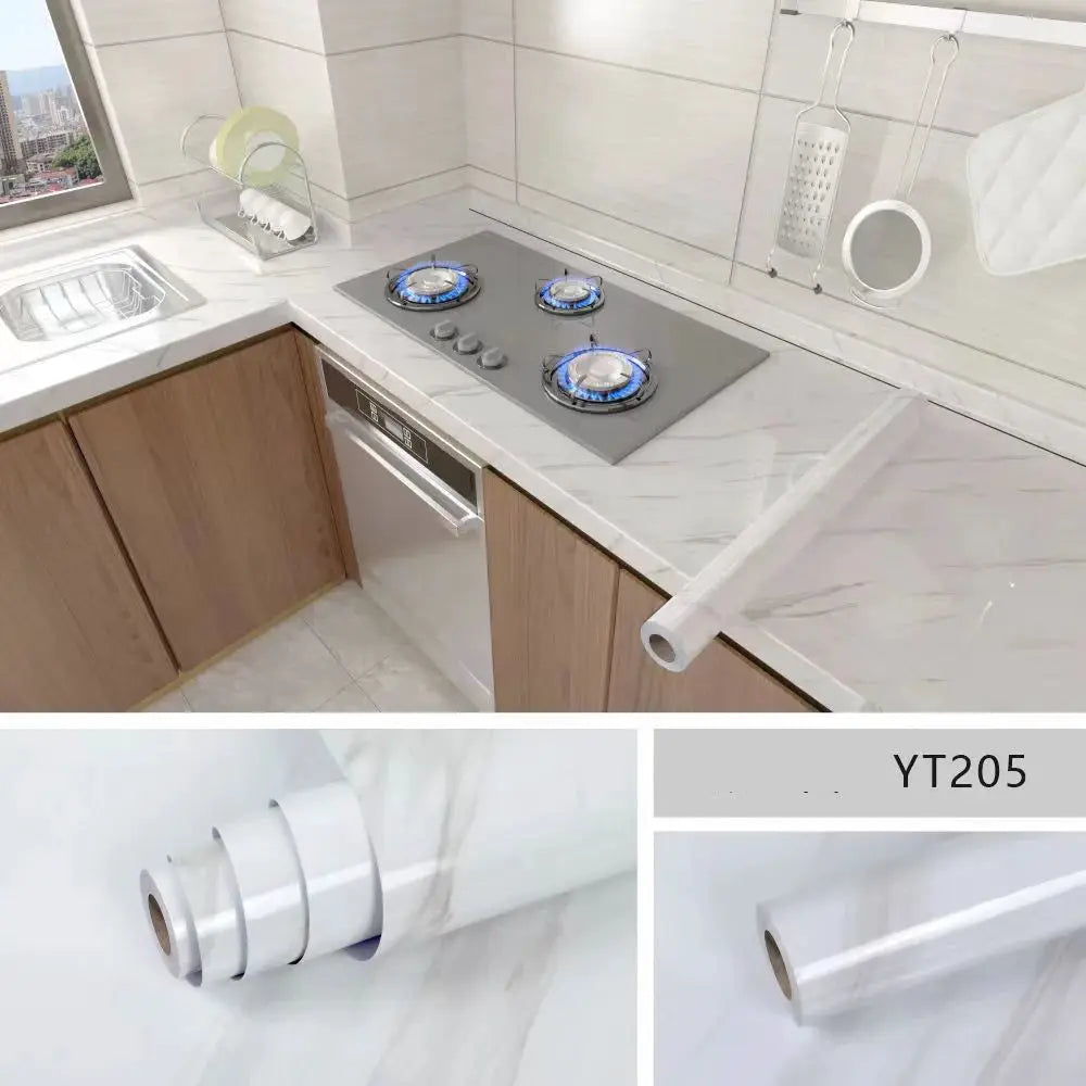 Kitchen wallpaper roll by Simples Market, 40cm, self-adhesive PVC with white marble countertop design