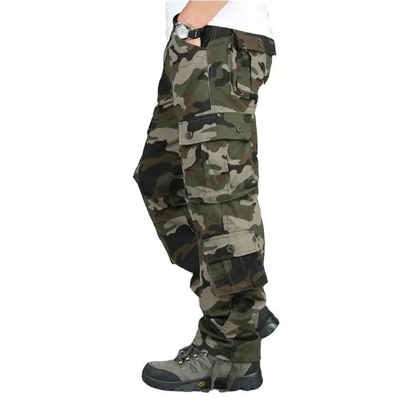 Men's tactical camouflage cargo pants with multiple pockets in durable cotton fabric