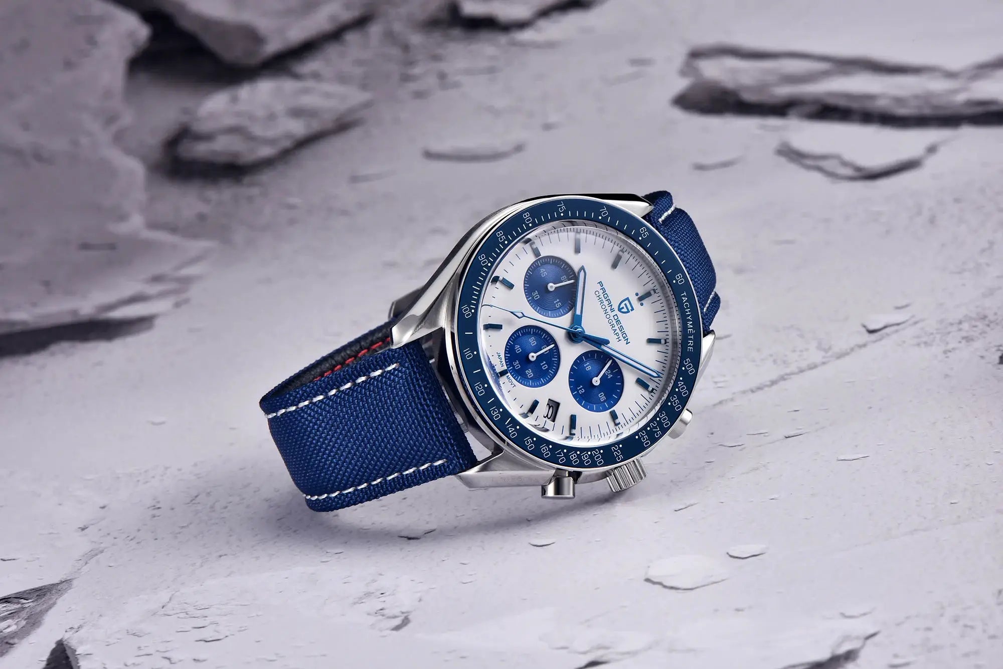 Pagani Design men's chronograph watch with white dial and blue tachymeter bezel