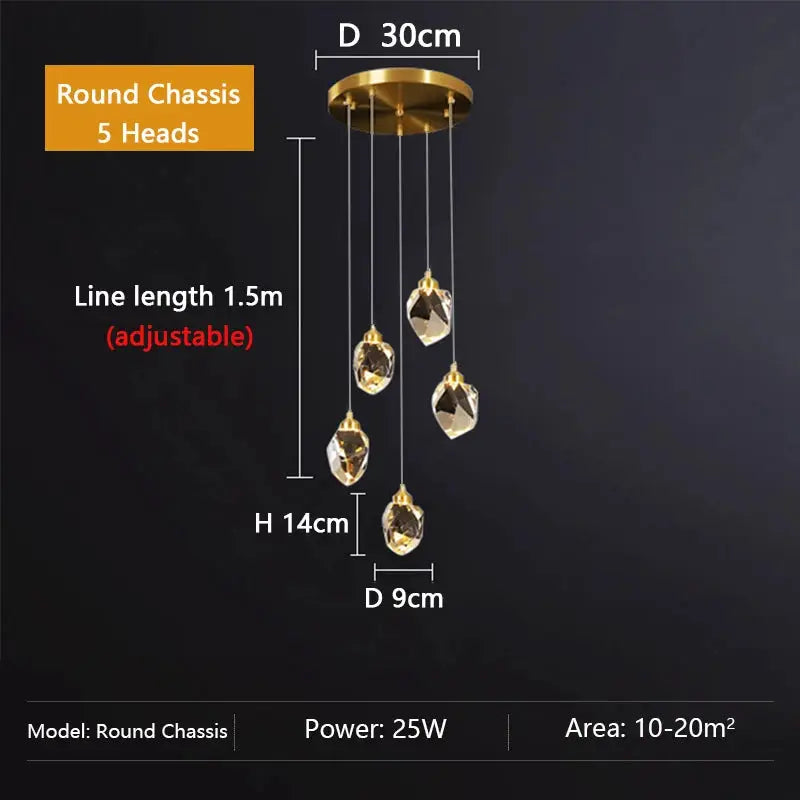Ceiling Pendant Lamp by Simples Market; gold finish pendant with 5 crystal drops, adjustable cables