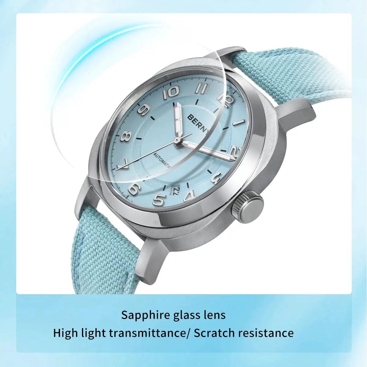 BERNY women's mechanical watch with light blue dial, sapphire glass lens, automatic movement, fabric strap