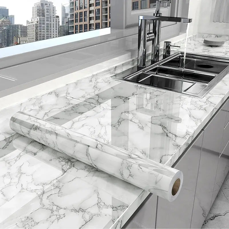 Kitchen Oil Proof Film Self Adhesive Wallpaper Marble Pattern For Counters Cabinets Stove Backsplash Renovation