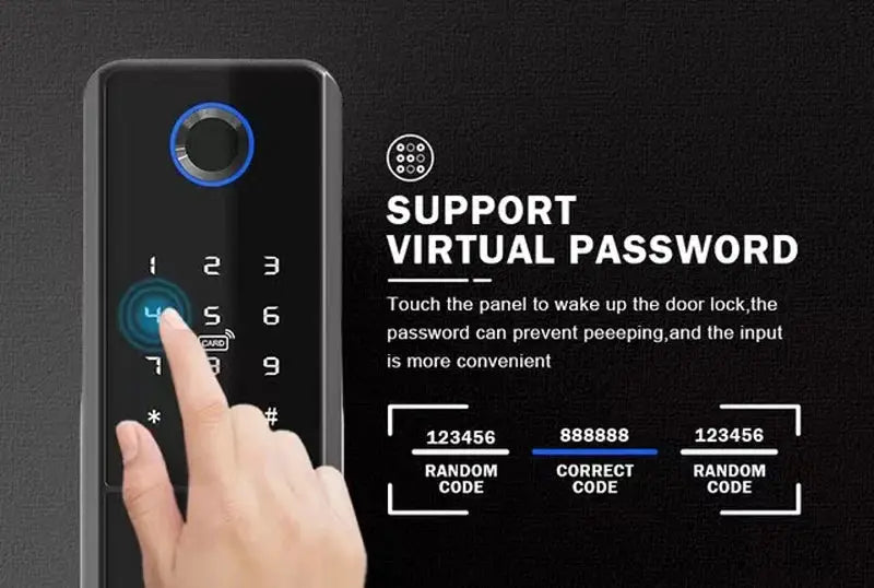 Smart fingerprint door lock with black body, touchscreen keypad, and blue circular LED ring