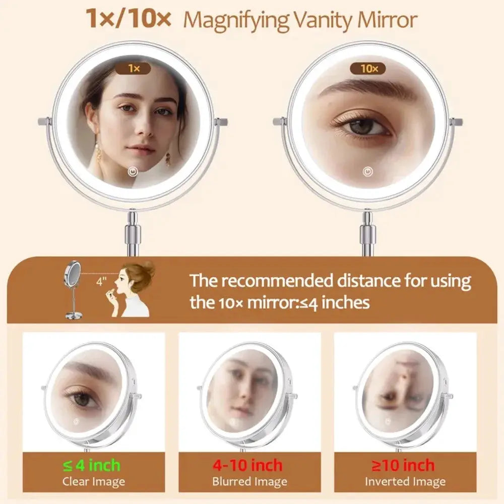 Simples Market dual lighted makeup mirrors with 1x/10x HD magnification, LED ring lights, touch control, rechargeable.