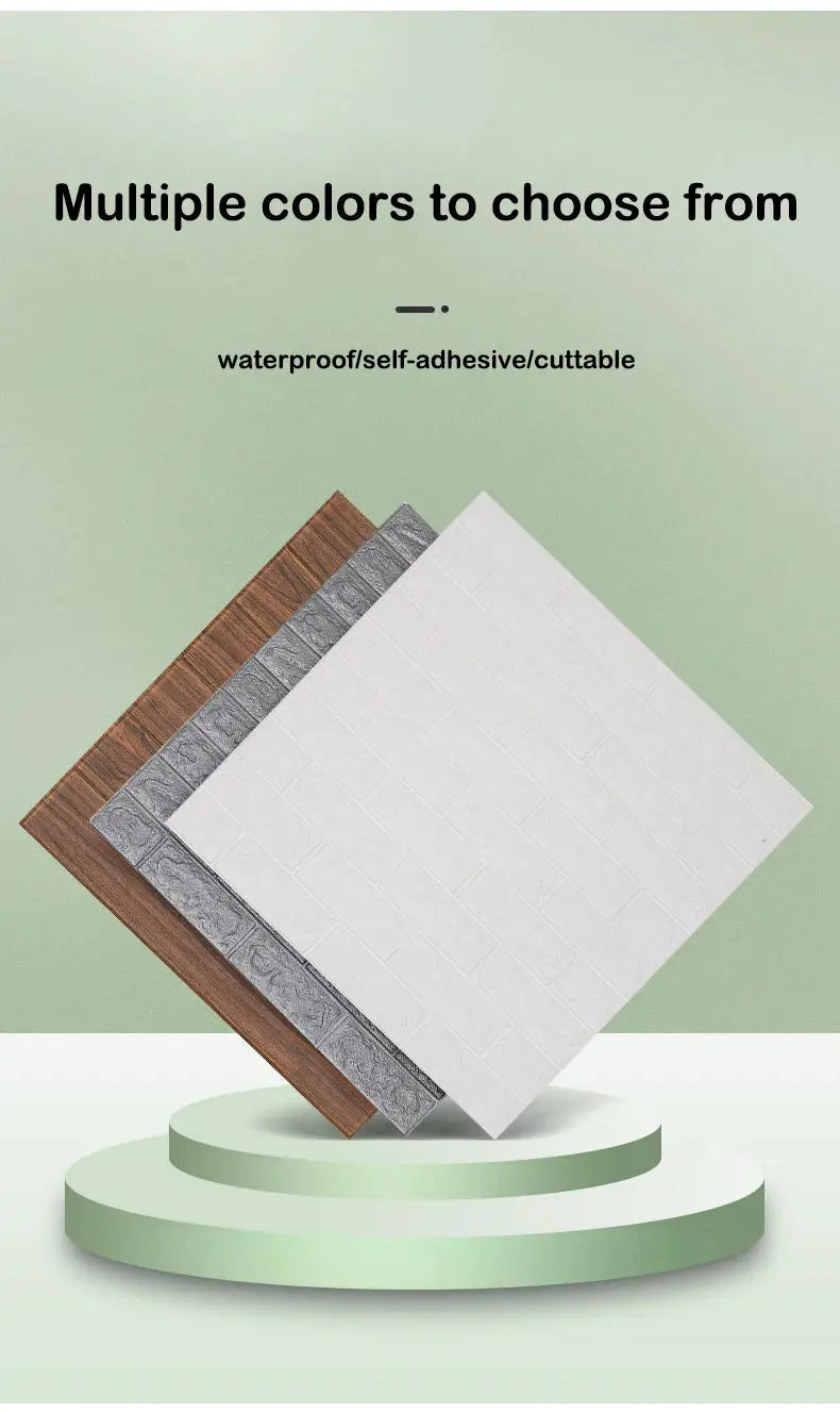 4-panel 3D brick wall panels by Simples Market; brown wood, gray, white textures; waterproof, self-adhesive, cuttable (70 cm × 1 m)