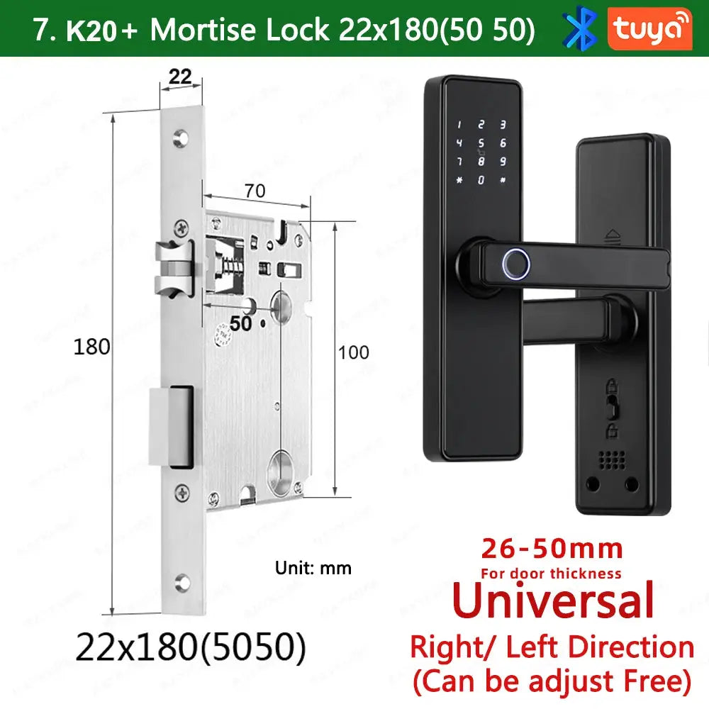 RAYKUBE K20 biometric smart door lock with Tuya app, black metal finish, fingerprint, card or password unlock