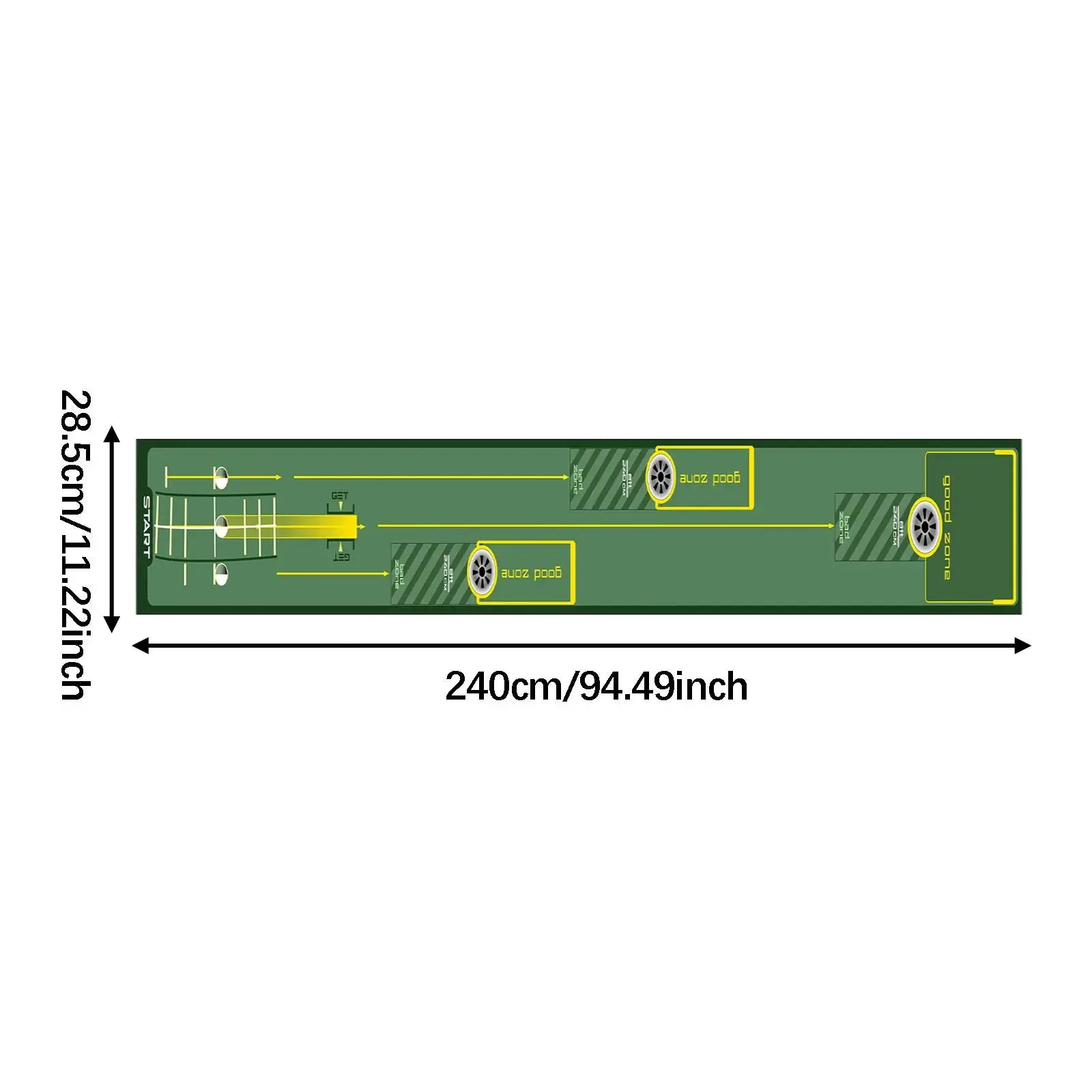 Golf putting mat by Simples Market, portable green training mat with yellow lines and start marker, 240 cm long