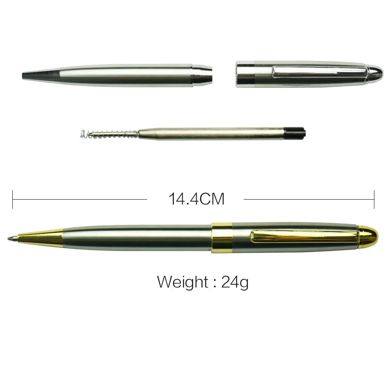 Simples Market ballpoint pen with silver body and gold clip, retractable, smooth-writing gift pen, 14.4 cm long.