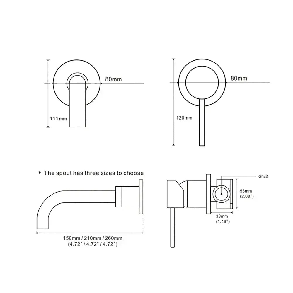 Wall-mounted basin faucet with single lever for hot and cold water, brass matte black finish