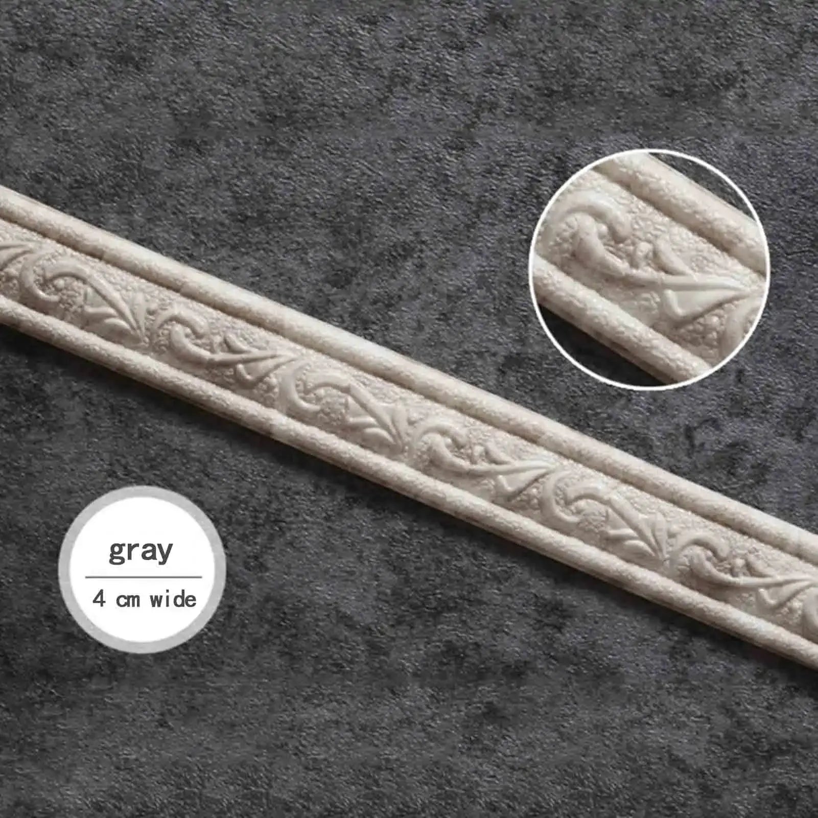 Simples Market gray self-adhesive wall border strip, 4 cm wide with embossed scroll pattern