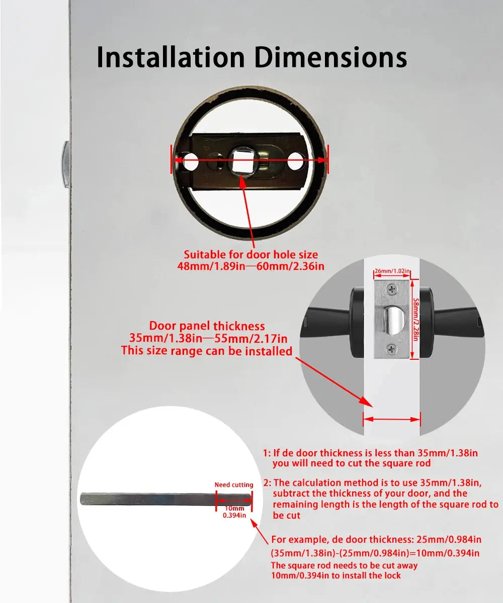 RAYKUBE M5 Tuya BLE fingerprint door lock installation diagram with hole size 48–60 mm and door thickness 35–55 mm
