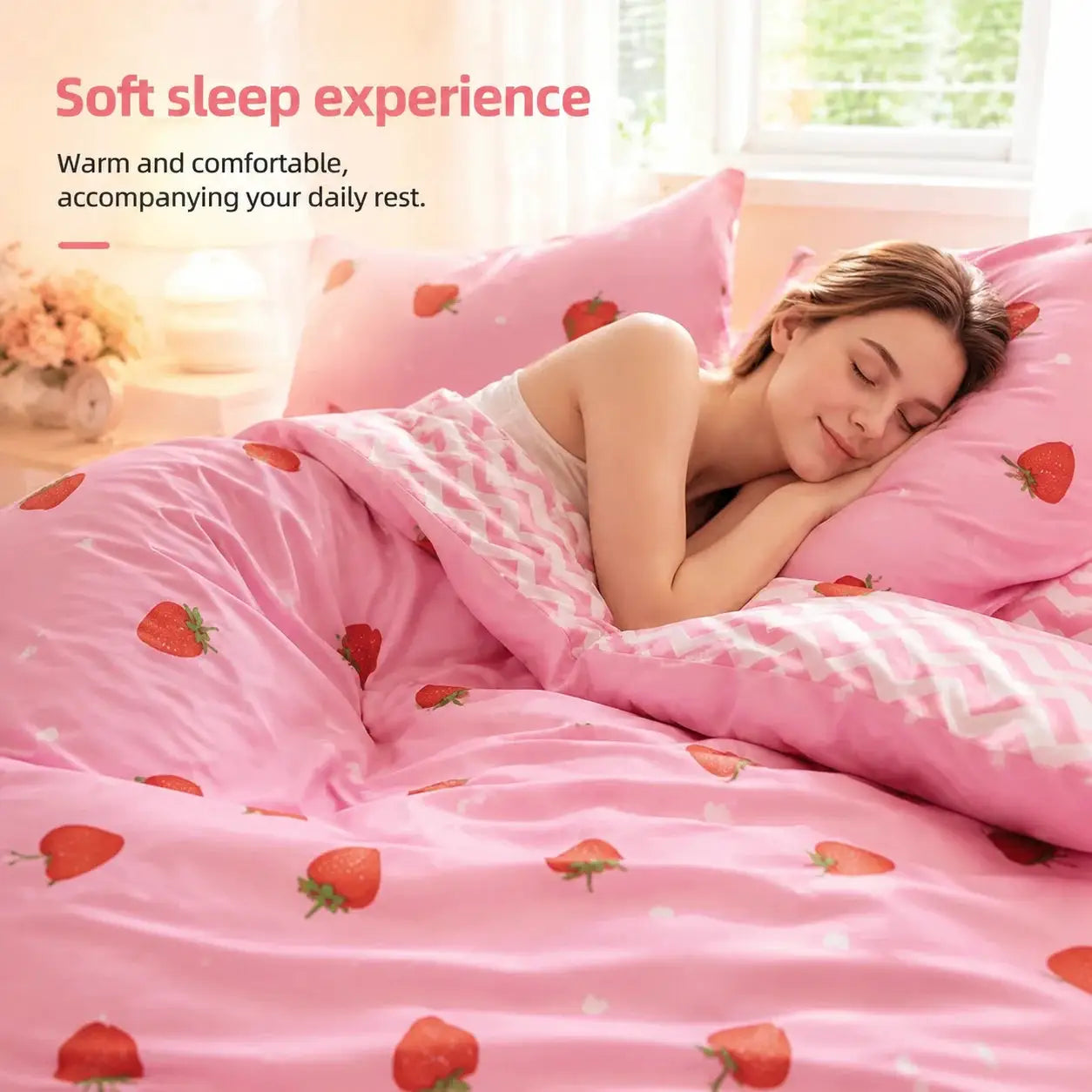 Duvet cover set with pink strawberry pattern and pillowcases by Simples Market, shown on a sleeping girl.