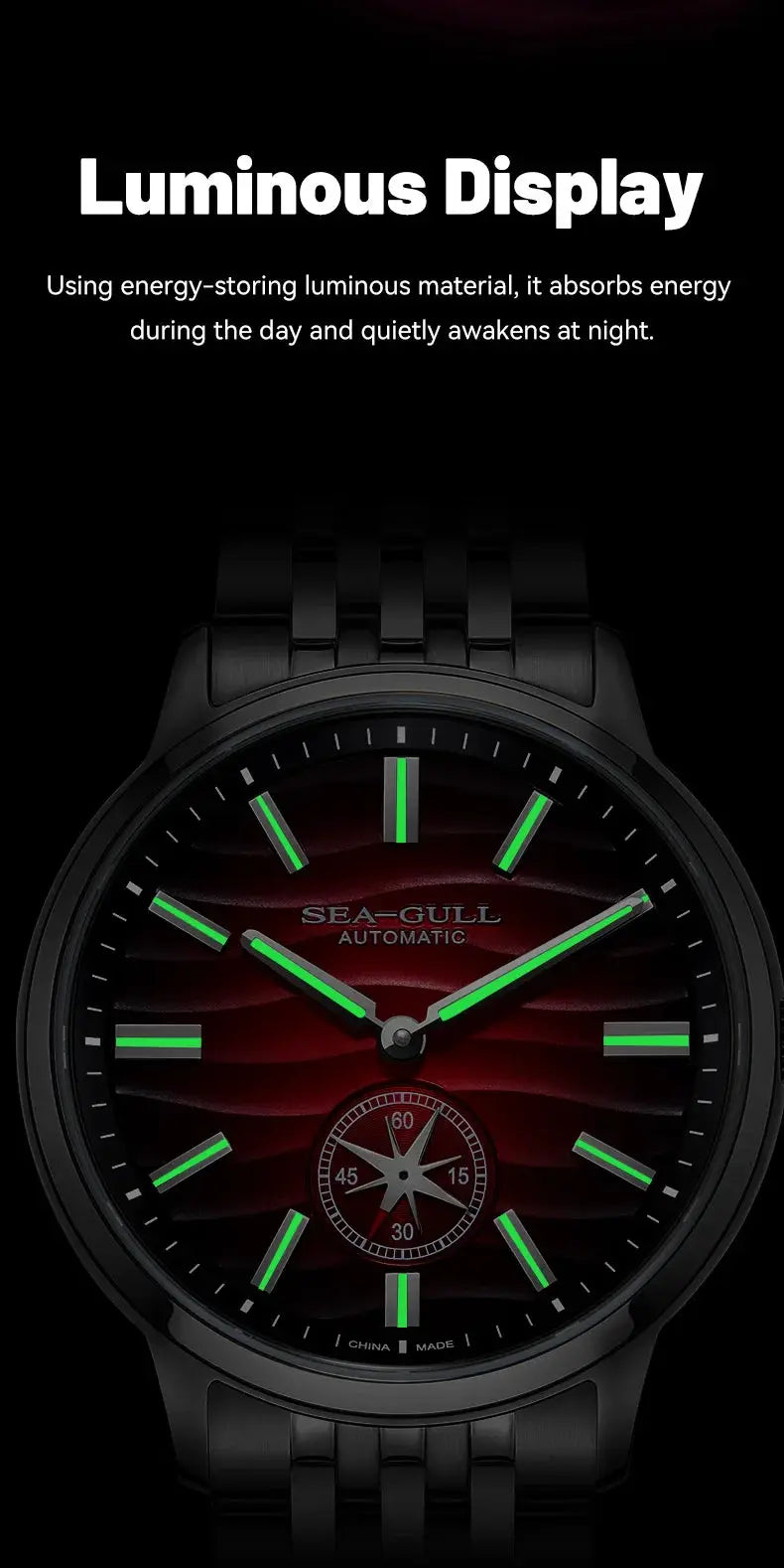 Sea-Gull automatic men's watch with luminous green markers on a red dial, stainless steel case and bracelet.
