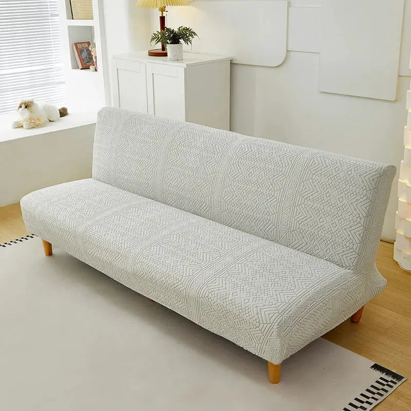 Sofa bed cover by Simples Market; stretch jacquard fabric with light gray geometric pattern.