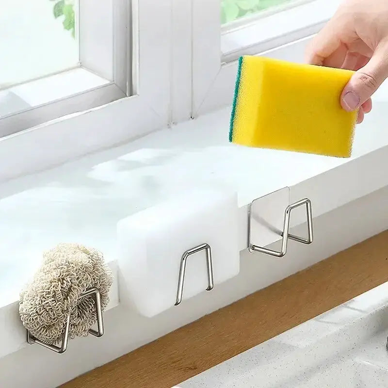Simples Market stainless steel sink shelf with adhesive sponge holders and drying rack on window ledge
