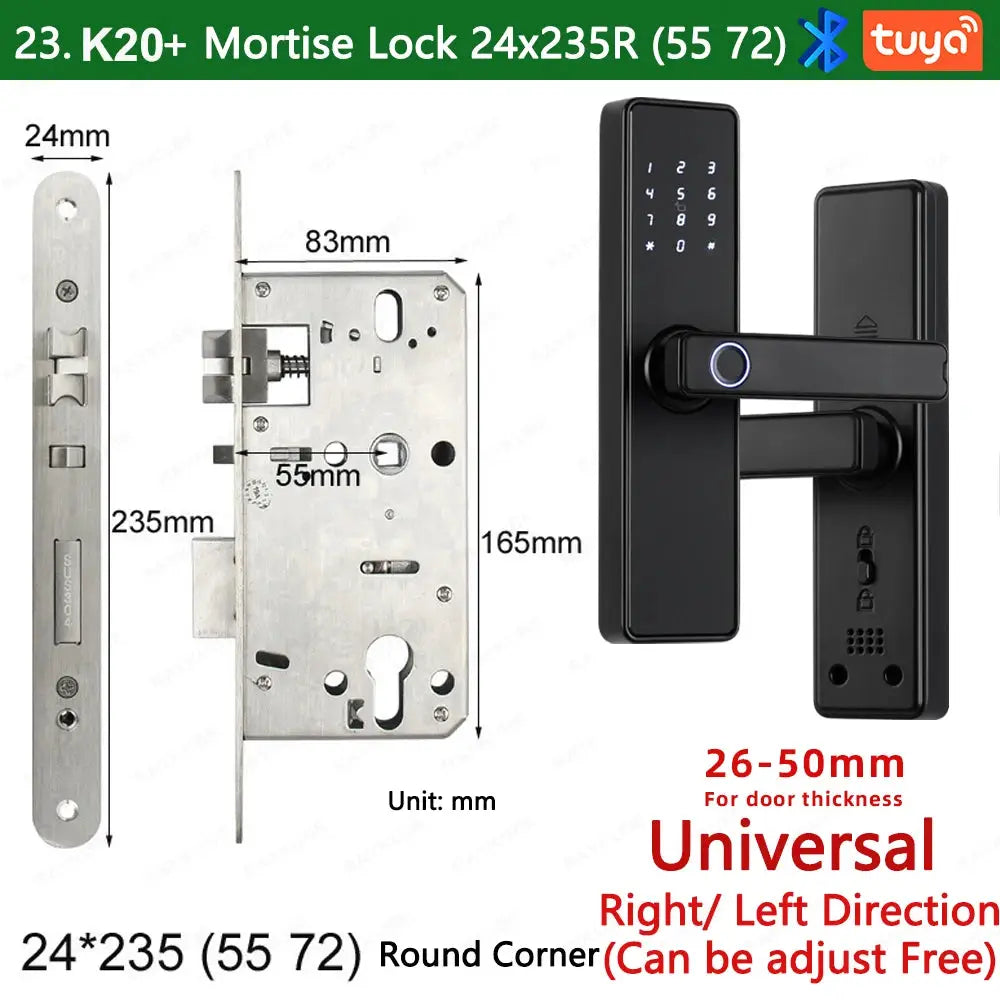 RAYKUBE K20 biometric smart door lock with fingerprint reader and touchscreen keypad, black finish, Tuya-enabled