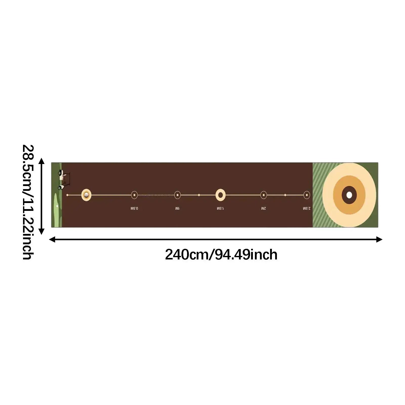 Golf putting mat by Simples Market, 240cm long, brown with green edges and target rings for home practice.