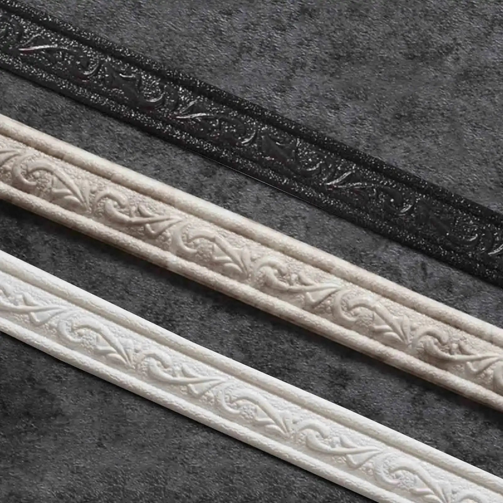 Self-adhesive wall border strips, 230x4 cm, 3-pack, embossed floral trim in black and ivory, waterproof