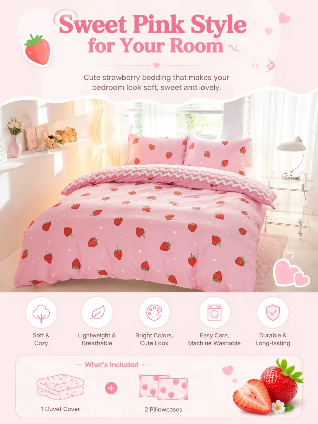 Simples Market pink strawberry-pattern duvet cover set with 2 pillowcases