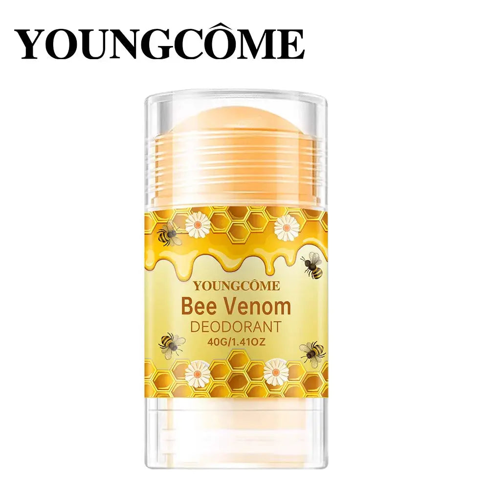 YoungCome Bee Venom Deodorant stick; honeycomb label with bees and daisies on yellow-gold packaging.