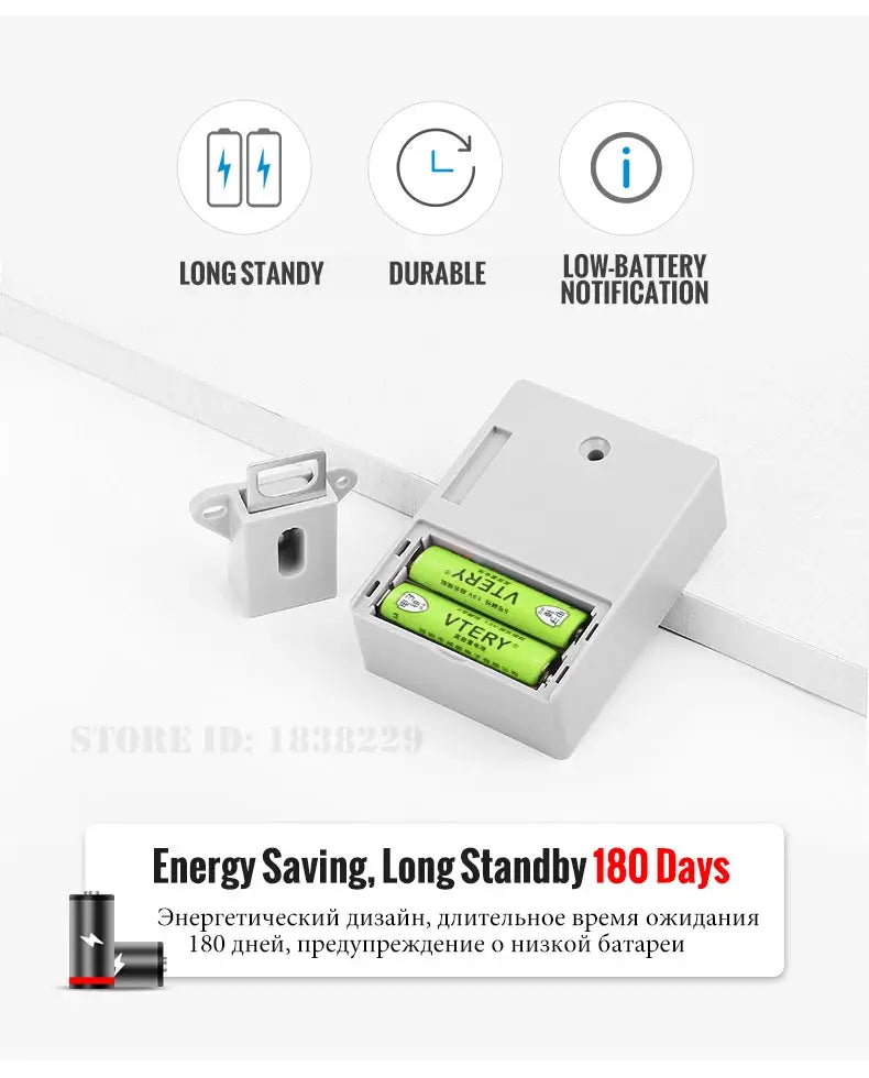 KAK RFID cabinet lock by Simples Market, white plastic body with invisible sensor, two batteries included.