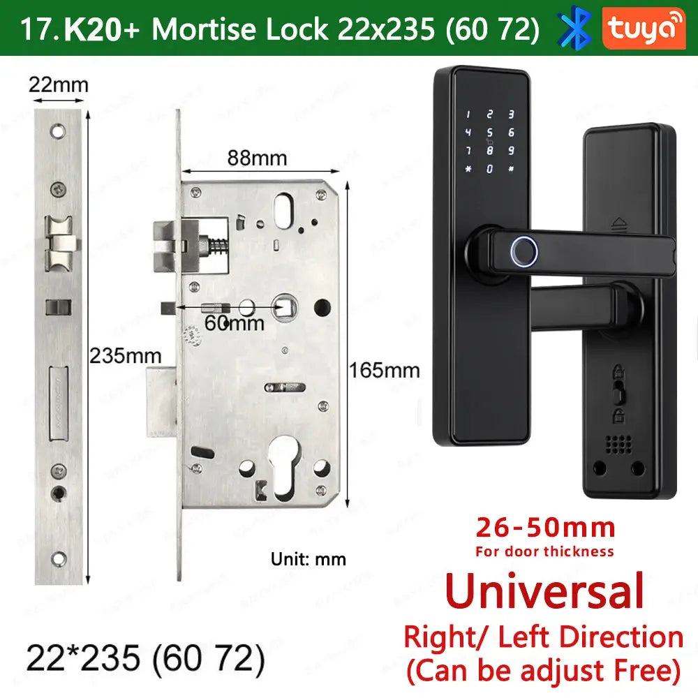RAYKUBE K20 biometric smart door lock with fingerprint keypad; black finish, Tuya app compatible